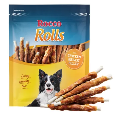 Sachet Rocco Rolls, bâtonnets enrobés, texte visible : with chicken breast fillet, crispy chewing fun!, illustration de chien, quelques bâtonnets disposés devant l’emballage.