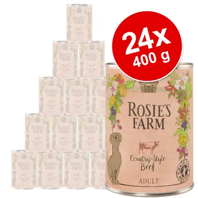 Rosie's Farm Country-Style Beef Adult natvoer, 24 blikken à 400 g. Op het blik: afbeelding hond, koe en bloemen, tekst 'Grain Free Recipe'.
