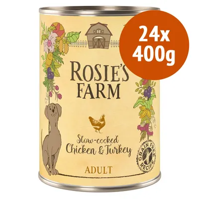 Rosie's Farm Slow-cooked Chicken & Turkey ADULT, confezione 24x400g, ricetta senza cereali visibile sulla lattina di cibo per cani.