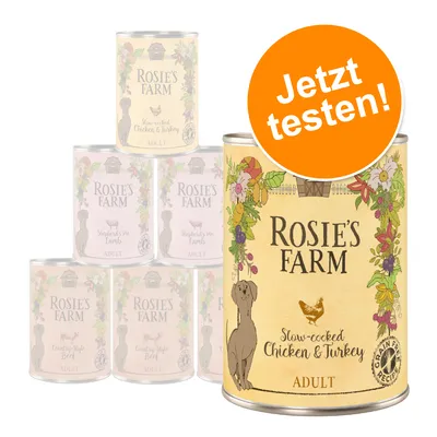 Rosie’s Farm Slow-cooked Chicken & Turkey ADULT konzerva pre psov, nápis na oranžovom kruhu: Jetzt testen! (nemecky).