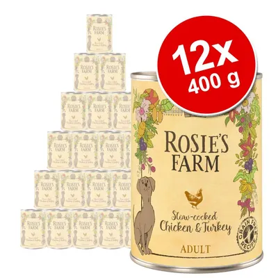 Rosie’s Farm Slow-cooked Chicken & Turkey Adult, 12 puszek po 400 g. Widoczny napis: Grain Free Recipe.