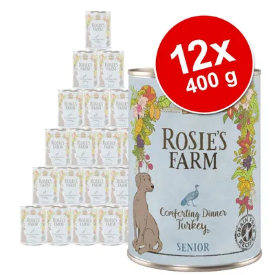 Rosie’s Farm Comforting Dinner Turkey Senior, zestaw 12 puszek po 400 g. Widoczna ilustracja psa i indyk na etykiecie, napis Grain Free Recipe.