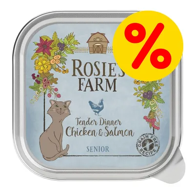 Rosie's Farm Tender Dinner Chicken & Salmon Senior, Grain Free Recipe. Gul cirkel med rødt procenttegn øverst til højre på emballagen.