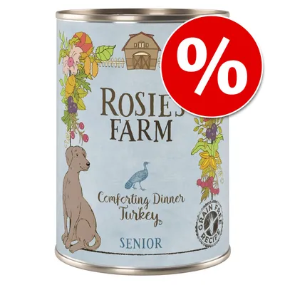 Rosie's Farm Comforting Dinner Turkey SENIOR konzerv, Grain Free Recipe felirattal, piros százalékos akciójelzéssel a csomagoláson. Rosie's Farm Comforting Dinner Turkey SENIOR konzerv, Grain Free Recipe felirattal, piros százalékos akciójelzéssel a csomagoláson.