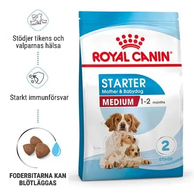 Royal Canin Starter Mother & Babydog Medium 1–2 months. Stöder tikens och valparnas hälsa, starkt immunförsvar. Foderbitarna kan blötläggas.