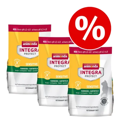 animonda INTEGRA PROTECT Sensitive kaninini+peruna, 3 pussia. Suuri punainen prosenttimerkki alennuksesta. Harn-pH 6,5–6,8 urinary mainittu pakkauksessa.
