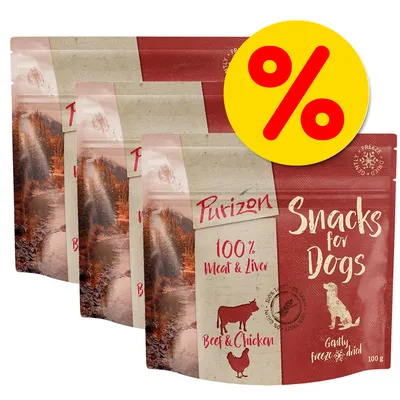 Purizon Snacks for Dogs, 100 % Meat & Liver, Beef & Chicken, Gently freeze dried, 100 g. Useita pakkauksia ja tarjousmerkki näkyvissä.