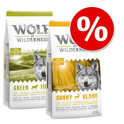Wolf of Wilderness Green Fields a Sunny Glade, 100% grain-free recipe, balenie 12 kg, akciová ponuka so symbolom percenta. Wolf of Wilderness Green Fields a Sunny Glade, 100% grain-free recipe, balenie 12 kg, akciová ponuka so symbolom percenta.