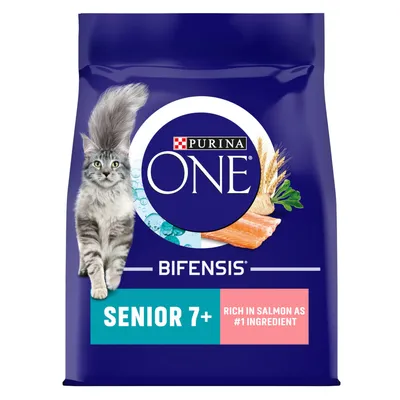Purina One Bifensis Senior 7+ dry food, rich in salmon as number one ingredient, shown on packaging with a cat and images of salmon and grains.