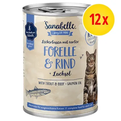 Sanabelle juicy cat menu Forelle & Rind + Lachsöl, 12x. Bild på kattmatburk med text: no added grain, with trout & beef + salmon oil. Illustration av fisk och katt synlig. Sanabelle juicy cat menu Forelle & Rind + Lachsöl, 12x. Bild på kattmatburk med text: no added grain, with trout & beef + salmon oil. Illustration av fisk och katt synlig.