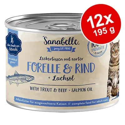 Sanabelle Forelle & Rind + Lachsöl våtfoder för vuxna katter, 12 x 195 g. Text: no added grain, with trout & beef + salmon oil, komplettfoder für ausgewachsene Katzen.