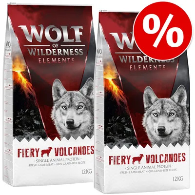 Wolf of Wilderness Elements Fiery Volcanoes, enkelvoudig dierlijk eiwit, vers lamsvlees, 100% graanvrij recept, 12kg. Kortingssymbool met procentteken zichtbaar.