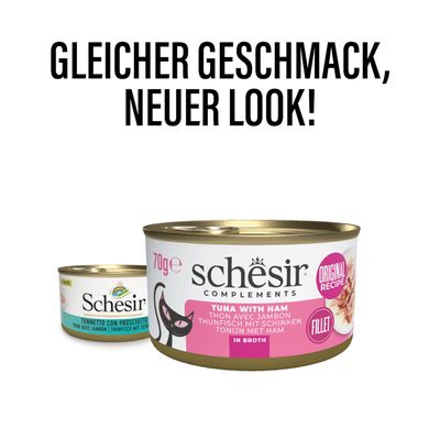 Schesir Complements Variety Pack für erwachsene Katzen, 6x70g. Drei Sorten: Thunfisch, Thunfisch mit Dorade, Thunfisch mit Karotten. 100% natürliche Filets in Brühe, Originalrezept.