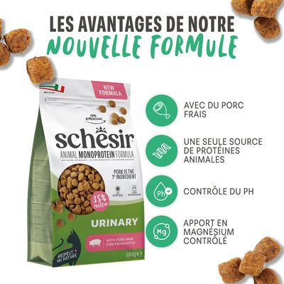 Schesir Animal Monoprotein Formula Urinary avec viande de porc fraîche, une seule source de protéines animales, contrôle du pH, teneur contrôlée en magnésium, 1,5 kg.