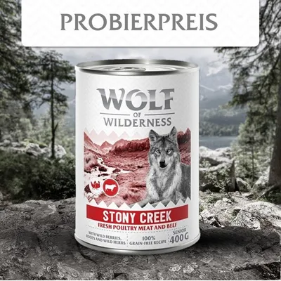 Wolf of Wilderness Stony Creek, Fresh Poultry Meat and Beef, 100 % grain-free recipe, Senior, 400 g. Texte allemand en haut : Probierpreis.