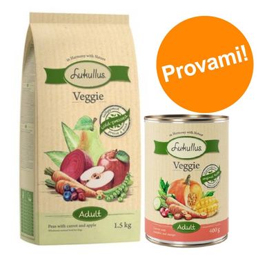 Set prova misto! 6 x 400 g Alimento umido + 1,5 kg Crocchette Lukullus Veggie 1,5 kg crocchette + 6 x 400 g umido