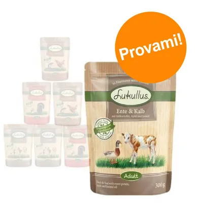 Lukullus Ente & Kalb Adult 300 g, confezione con anatra e vitello. Etichetta arancione con testo: Provami! Altri gusti sfocati sullo sfondo. Lukullus Ente & Kalb Adult 300 g, confezione con anatra e vitello. Etichetta arancione con testo: Provami! Altri gusti sfocati sullo sfondo.