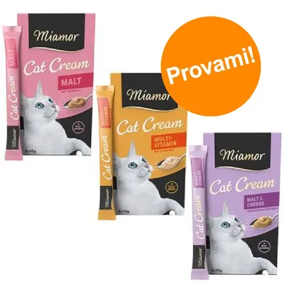 Miamor Cat Cream confezioni visibili: Malt, Multi-Vitamin, Malt & Cheese. Testo arancione: Provami! Ogni scatola mostra un gatto bianco e stick da 6x15g.