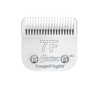 Oster 7F CryogenX AgION klippeskær i metal med synlig tekst: 7F, Oster, USA, CryogenX AgION.