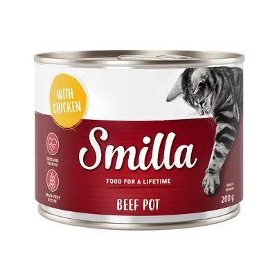 Smilla Beef Pot, lata de 200g. Con pollo, contiene taurina, receta sin cereales. Made in Germany. Alimento para toda la vida.