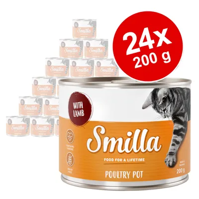 Lot de 24 boîtes Smilla Poultry Pot with lamb, 200 g chacune. Texte visible : contains taurine, grain-free, food for a lifetime. Image d’un chat sur l’étiquette.