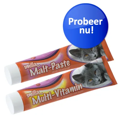 Twee tubes: smilla Malt-Paste Anti-Hairball en smilla Multi-Vitamin met 12 vitaminen und Taurin. Blauwe cirkel met tekst: Probeer nu!