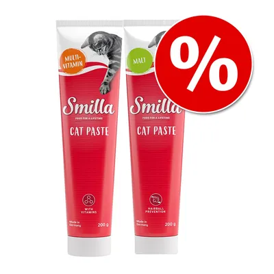 2 σωληνάρια Smilla Cat Paste 200g, Multi-Vitamin και Malt. Εμφανίζεται κόκκινο σύμβολο προσφοράς %. Ορατά: με βιταμίνες, hairball prevention, made in Germany.
