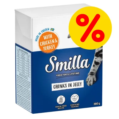 Smilla Chunks in Jelly, 380 g. Tekst: Made in Sweden with chicken & turkey, food for a lifetime, grain-free recipe, contains taurine. Gul procenttegn viser tilbud.