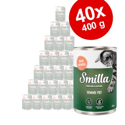 Smilla Yummy Pot with Salmon, 40 puszek po 400 g. Na etykiecie: contains taurine, grain-free recipe. Zdjęcie opakowania z kotem.