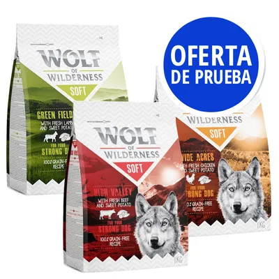 Wolf of Wilderness Soft, comida para perros en bolsas de 1 kg: Green Fields con cordero y batata, High Valley con ternera y batata, Wide Acres con pollo y batata. Oferta de prueba.