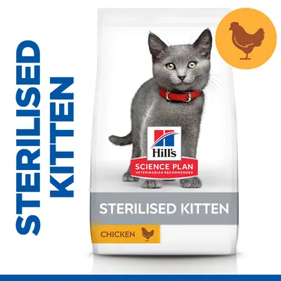 Hill's Science Plan Sterilised Kitten, Chicken. Opakowanie karmy dla kotów sterylizowanych z widocznym napisem 'STERILISED KITTEN' i symbolem kurczaka. Hill's Science Plan Sterilised Kitten, Chicken. Opakowanie karmy dla kotów sterylizowanych z widocznym napisem 'STERILISED KITTEN' i symbolem kurczaka.