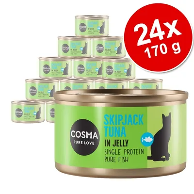 Set 24x170 g conserve Cosma Pure Love Skipjack Tuna in Jelly, Single Protein Pure Fish pentru pisici. Etichetă verde cu siluetă de pisică și text vizibil pe ambalaj.