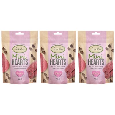 Lukullus Mini Hearts Puppy, mjuka och köttiga snacks med kalvkött, perfekta som belöning. Förpackningsstorlek: 75 g.