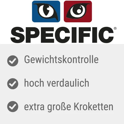 SPECIFIC. Texte en allemand : Gewichtskontrolle, hoch verdaulich, extra große Kroketten.