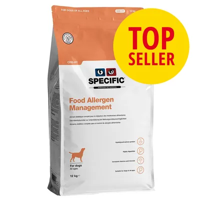 SPECIFIC Food Allergen Management hundefoder, 12 kg pose. Tekst: For dogs all ages, hydrolyzed salmon protein, highly digestible, increased vitamins and minerals. TOP SELLER-mærke.
