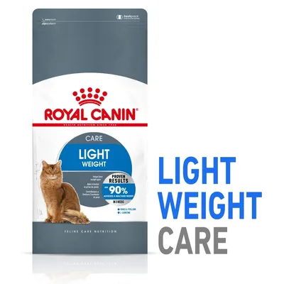ROYAL CANIN CARE LIGHT WEIGHT kattefoder, tekst: PROVEN RESULTS 90% ACHIEVED A HEALTHIER WEIGHT IN 8 WEEKS, billede af kat, FIBRES & PSYLLIUM, L-CARNITINE