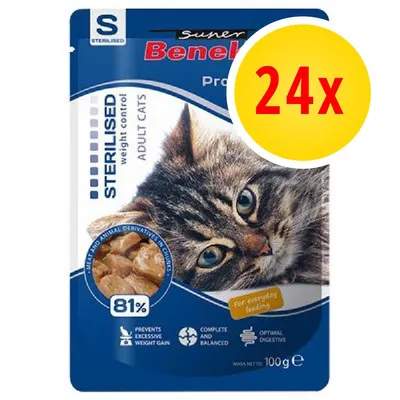 Confezione Super Benek Sterilised Adult Cats, 81 %, 100 g, set da 24 bustine. Testo visibile: prevents excessive weight gain, complete and balanced, optimal digestive.