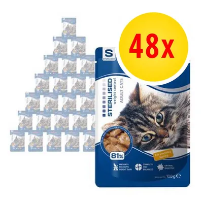 Confezione multipla 48x di bustine STERILISED weight control ADULT CATS per gatti adulti, 81%, peso netto 100g ciascuna, immagine di un gatto sul fronte della confezione.