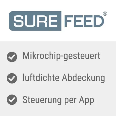 SURE FEED. Texte en allemand : Mikrochip-gesteuert, luftdichte Abdeckung, Steuerung per App.