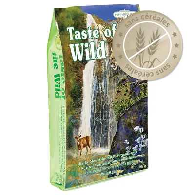 Sac Taste of the Wild Rocky Mountain Feline Formula with Roasted Venison & Smoked Salmon, mention visible « sans céréales » sur un macaron. Sac Taste of the Wild Rocky Mountain Feline Formula with Roasted Venison & Smoked Salmon, mention visible « sans céréales » sur un macaron.