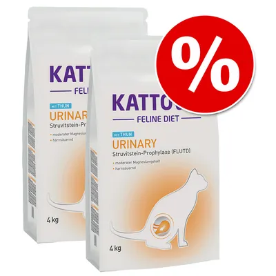 Kattovit Feline Diet Urinary with tuna, struvite stone prevention (FLUTD), moderate magnesium content, urine-acidifying, 4 kg pack, discount symbol visible.