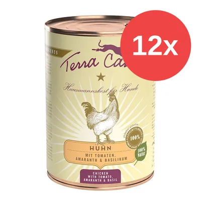 Lata de Terra Canis Huhn con tomate, amaranto y albahaca. Texto visible: 12x, 100% Natur, Chicken with tomato, amaranth & basil.