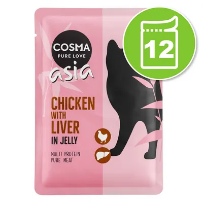 Cosma Asia Pure Love Chicken with Liver in Jelly, multi protein pure meat, sachet rose avec silhouette de chat, lot de 12 indiqué dans un cercle vert. Cosma Asia Pure Love Chicken with Liver in Jelly, multi protein pure meat, sachet rose avec silhouette de chat, lot de 12 indiqué dans un cercle vert.