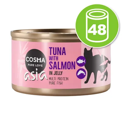 Cosma Asia Pure Love, boîte de nourriture pour chat, saveur thon et saumon en gelée, multi protein pure fish. Lot de 48 boîtes indiqué dans un cercle vert.