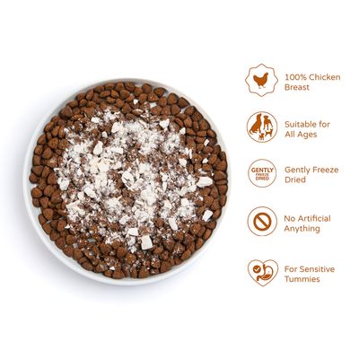 Bowl of dry food with freeze-dried pieces. Features: 100% chicken breast, suitable for all ages, gently freeze dried, no artificial ingredients, for sensitive tummies.