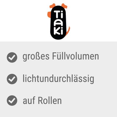 Tiaki. Grosses Füllvolumen, lichtundurchlässig, auf Rollen.