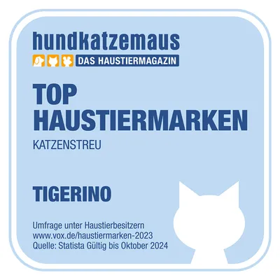 hundkatzemaus DAS HAUSTIERMAGAZIN TOP HAUSTIERMARKEN KATZENSTREU TIGERINO. Umfrage unter Haustierbesitzern, www.vox.de/haustiermarken-2023, Statista, gültig bis Oktober 2024. Besedilo v nemščini.