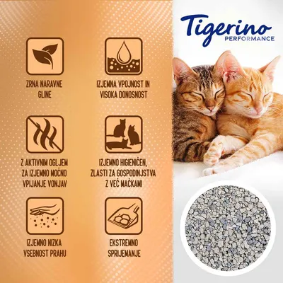 Tigerino Performance. Zrna naravne gline, izjemna vpojnost in visoka donosnost, z aktivnim ogljem za močno vpijanje vonjav, izjemno higienski, nizka vsebnost prahu, ekstremno sprijemanje.