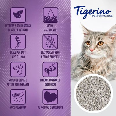 Tigerino Performance. Lettiera a grana grossa in argilla naturale, ultra assorbente, ideale per gatti a pelo lungo, poco polverosa, al profumo di borotalco, efficace controllo odori.