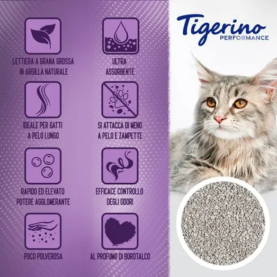 Tigerino Performance. Lettiera a grana grossa in argilla naturale, ultra assorbente, ideale per gatti a pelo lungo, poco polverosa, al profumo di borotalco, efficace controllo odori.